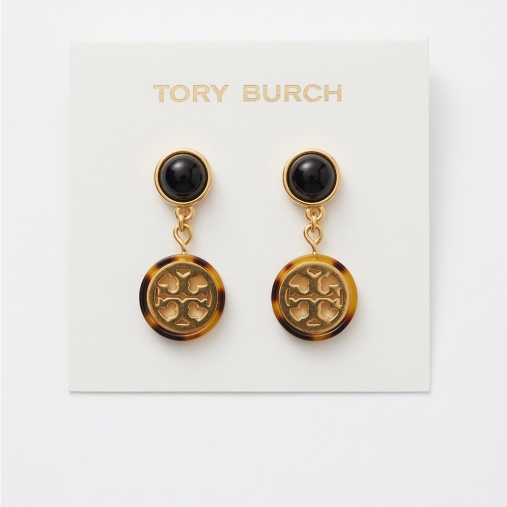 Tory Burch Tortoise Shell Gold and Black Drop Earrings